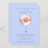 BLAUE Rosary Cross Foto Taufe BOY Einladung (Vorne/Hinten)