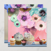 BLAUE ROSE ANEMONE BLUME UND KUPCAKEN Geburtstag Einladung (Vorne/Hinten)