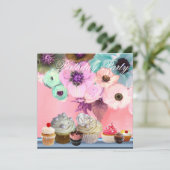 BLAUE ROSE ANEMONE BLUME UND KUPCAKEN Geburtstag Einladung (Stehend Vorderseite)