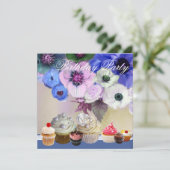 BLAUE ROSE ANEMONE BLUME UND KUPCAKEN Geburtstag Einladung (Stehend Vorderseite)