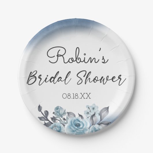 Blaue Rose Aquarellbrunnen Bridal Brunch Dusche Pappteller (Vorderseite)