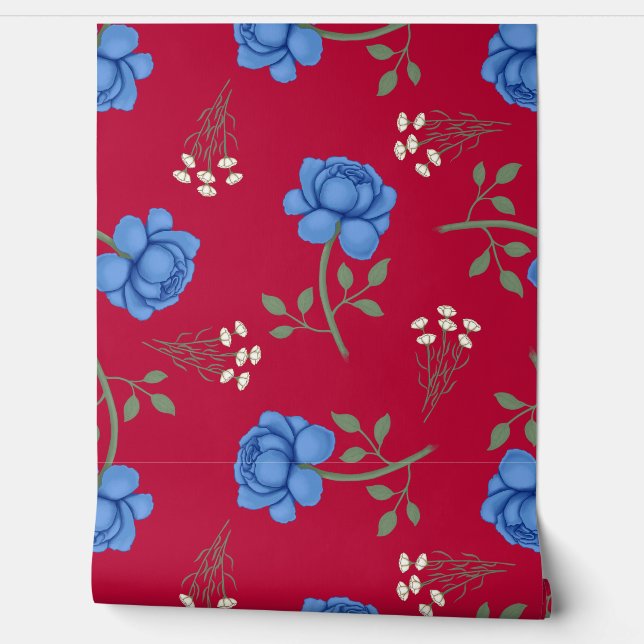 Blaue Rose auf Red Oversized Calico Tapete (Abrollen)