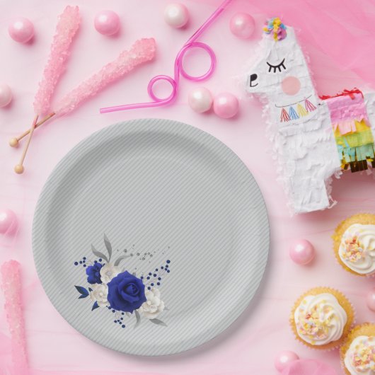 Blaue Rose Blume grau Pappteller (Party)