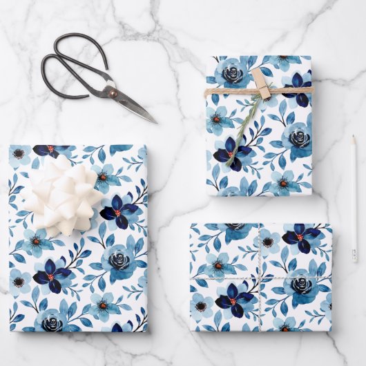 Blaue Rose Blumenmuster Aquarell-Chic Geschenkpapier Set (Vorderseite)