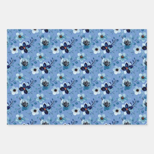 Blaue Rose Blumenmuster Aquarellkunst Geschenkpapier Set (Vorderseite 3)