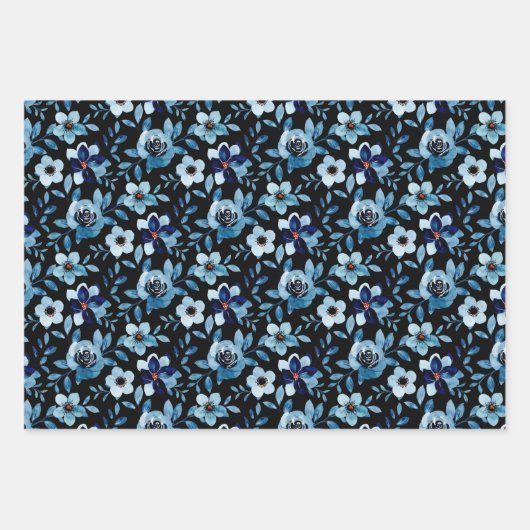 Blaue Rose Blumenmuster Aquarellkunst Geschenkpapier Set (Vorderseite 2)