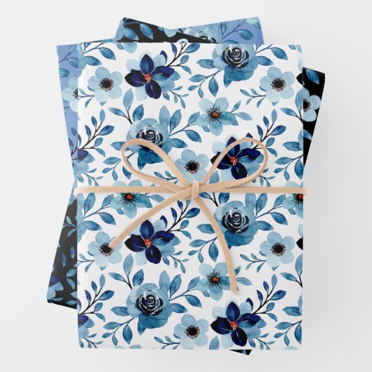 Blaue Rose Blumenmuster Aquarellkunst Geschenkpapier Set (Beispiel)