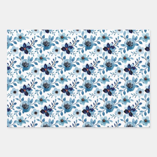 Blaue Rose Blumenmuster Aquarellkunst Geschenkpapier Set (Vorderseite)