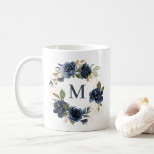 Blaue Rose Blumenreath-Gold-Foil-Monogramm Kaffeetasse