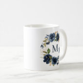 Blaue Rose Blumenreath-Gold-Foil-Monogramm Kaffeetasse (VorderseiteRechts)