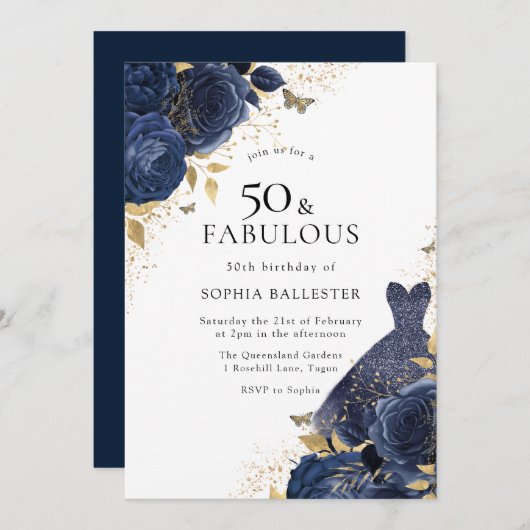 Blaue Rose & Dress Gold 50 & Fabulous 50. Einladung (Vorne/Hinten)