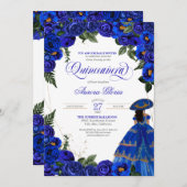 Blaue Rose Elegante Charro Kleidung Rodelblume Qui Einladung (Vorne/Hinten)
