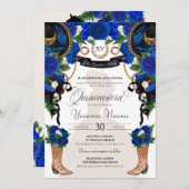 Blaue Rose Eleganter Western Charro Quinceañera Einladung (Vorne/Hinten)