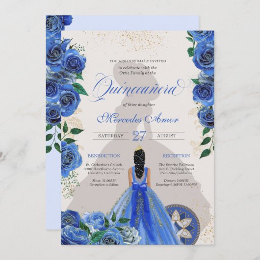 Blaue Rose Extravagant Quinceanera Western Charro Einladung (Vorne/Hinten)