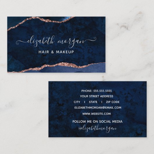 Blaue Rose Gold Agate Geode Wasserfarbenmarmor Visitenkarte (Vorne/Hinten)