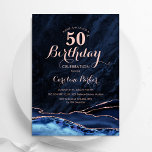 Blaue Rose Gold Agate Marble 50. Geburtstag Einladung<br><div class="desc">Navy Blau und Rose Gold über 50. Geburtstag Einladung. Elegantes modernes Design mit königsblauen Aquarellfarben,  marmorgeode Hintergrund,  Imitate Glitzer Rose Gold und Typografie Drehbuch Schriftart. Die trendige Einladungskarte eignet sich perfekt für eine stilvolle Damenfeier. Gedruckte Zazzle Einladungen oder Sofortdownload digitalen druckbaren Vorlage.</div>