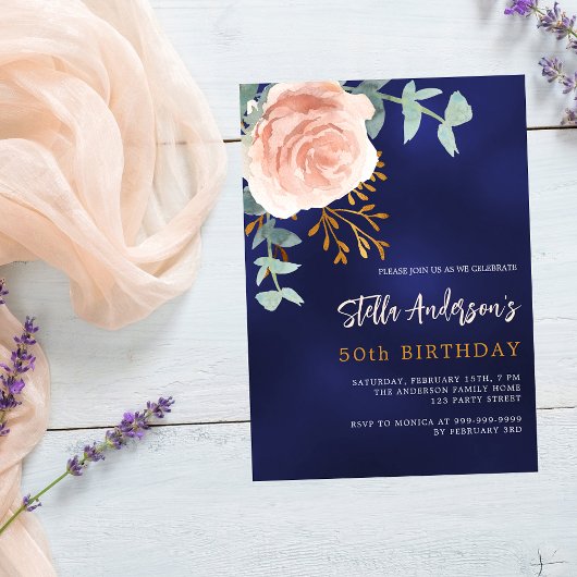 Blaue Rose Gold Blumengrün Geburtstag Einladung