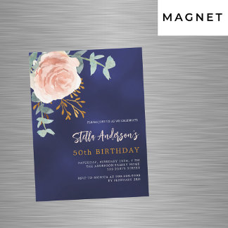 Blaue Rose Gold Blumengrün Geburtstag Magneteinladung