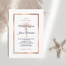 Blaue Rose Gold Palm Tree Tropische Hochzeit