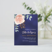 Blaue Rose Goldblütengrün Geburtstag Einladungspostkarte (Stehend Vorderseite)