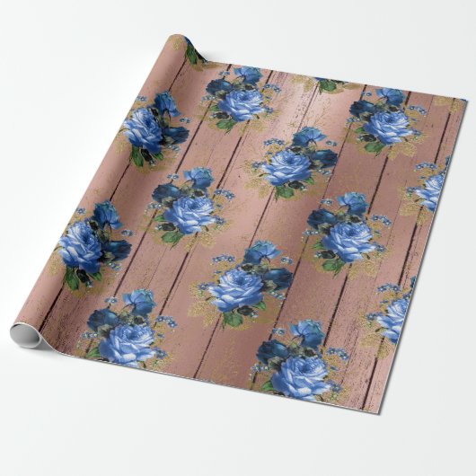 Blaue Rose Holz Rustikale Blumenbrille Geschenkpapier (Ungerollt)