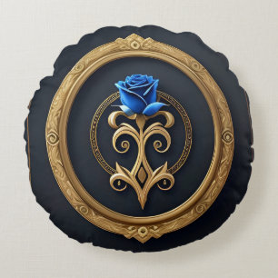 Blaue Rose im goldenen Rahmen mit aufwendigen Deta Rundes Kissen