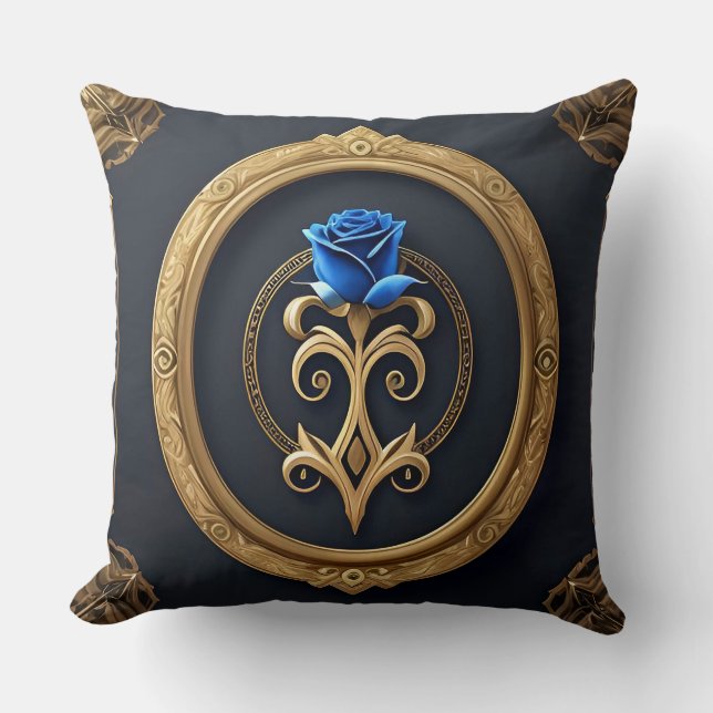 Blaue Rose im Goldenen Rahmen mit Verzierten Detai Kissen (Vorderseite)