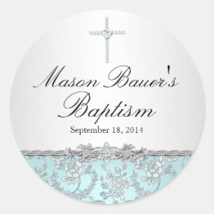Blaue Rose & Kreuz Taufaufkleber Runder Aufkleber