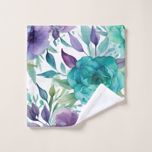 Blaue Rose Lila Aquarellblüten Badhandtuch Set (Waschlappen)