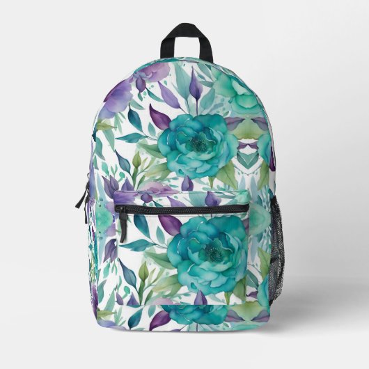 Blaue Rose Lila Aquarellblüten Bedruckter Rucksack (Vorderseite)