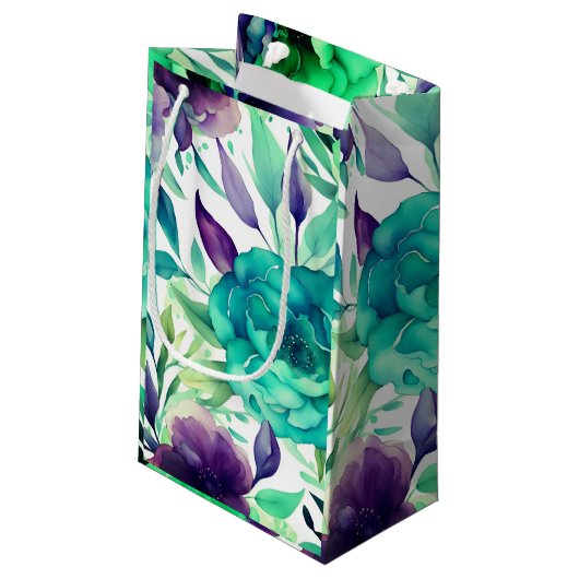 Blaue Rose Lila Aquarellblüten Kleine Geschenktüte (Rückseite Schrägansicht)