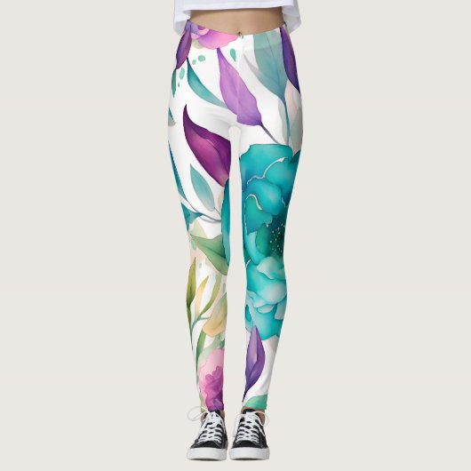 Blaue Rose Lila Aquarellblüten Leggings (Vorderseite)
