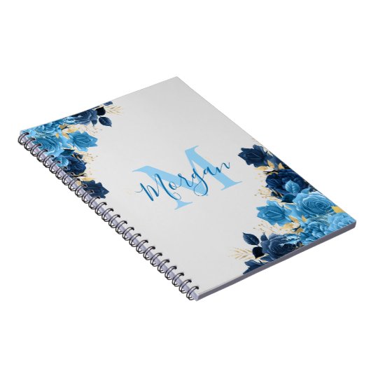 Blaue Rose mit Gold-Glitzer-Script Mit Monogramm Notizblock (Rechte Seite)