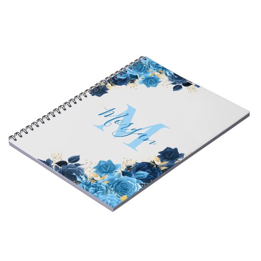 Blaue Rose mit Gold-Glitzer-Script Mit Monogramm Notizblock (Linke Seite)