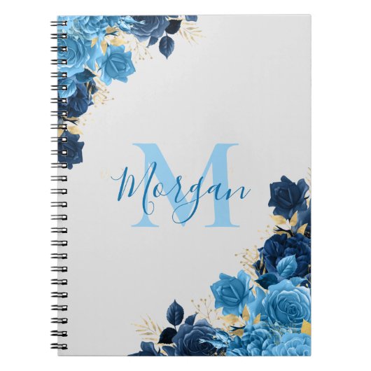 Blaue Rose mit Gold-Glitzer-Script Mit Monogramm Notizblock (Vorderseite)