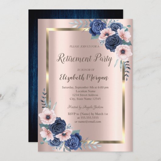Blaue Rose, Rahmen, Rose Gold-Rente Einladung (Vorne/Hinten)