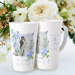 Blaue Rose-Ribbon-Monogramm-Foto-Hochzeit  Milchtasse