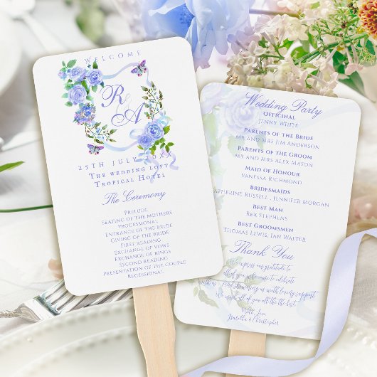 Blaue Rose-Ribbon-Monogramm-Hochzeit Fächer