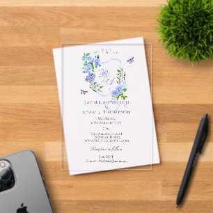 Blaue Rose Ribbon Monogramm Hochzeits Einladung