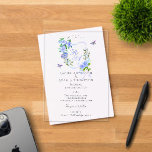 Blaue Rose-Ribbon-Monogramm-Hochzeitseinladung Acryleinladungen
