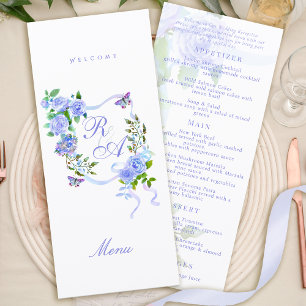 Blaue Rose-Ribbon-Monogramm-Hochzeitsmenü Menükarte