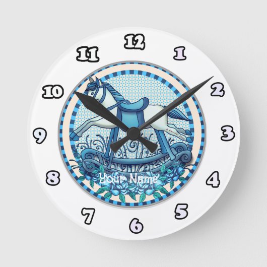 Blaue Rose Rocking Horclock Runde Wanduhr (Vorderseite)