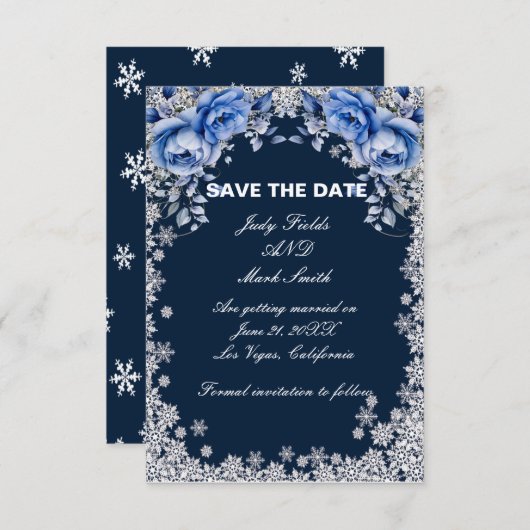 Blaue Rose Schneeflocken Weihnachtskarte Save the Save The Date (Vorne/Hinten)
