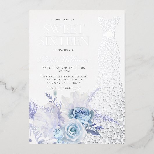 Blaue Rose Silberfolienkleid Sweet 16 Party Folieneinladung (Vorderseite)