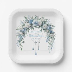 Blaue Rose & Silberkreuz Tauf-Papierplatte Pappteller