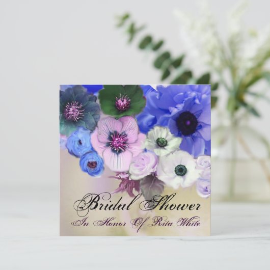 BLAUE ROSE UND ANEMONE BLUME BRAUTPARTY EINLADUNG (Stehend Vorderseite)