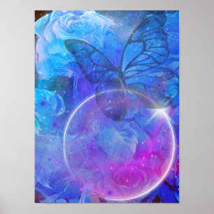 Blaue Rose und Blauer Schmetterling Poster