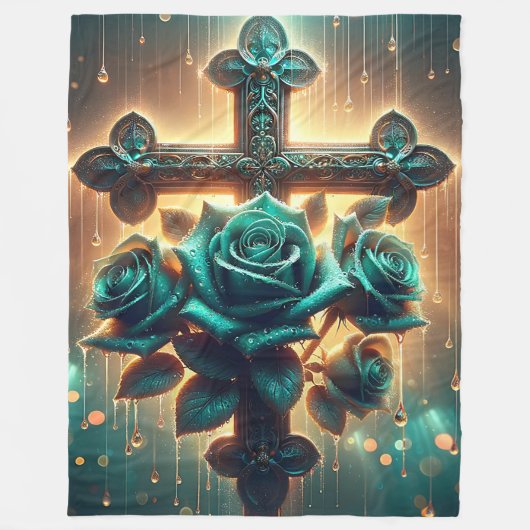 "Blaue Rose und Christliches Kreuz" Fleecedecke (Vorderseite)