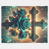 "Blaue Rose und Christliches Kreuz" Fleecedecke (Vorderseite (Horizontal))
