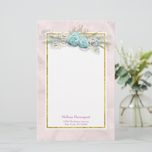 Blaue Rose und Crown Floral Bouquet Briefpapier (Stehend Vorderseite)
